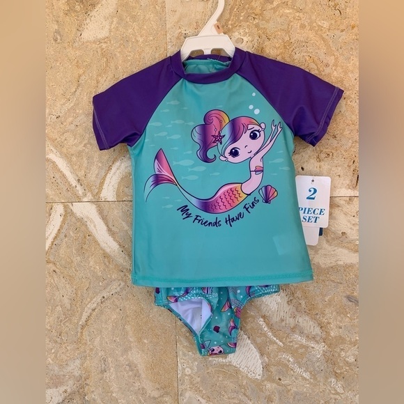Caribbean Joe Girl’s Swimsuit With Short Sleeve Rash Guard Set 2-T - Picture 6 of 9